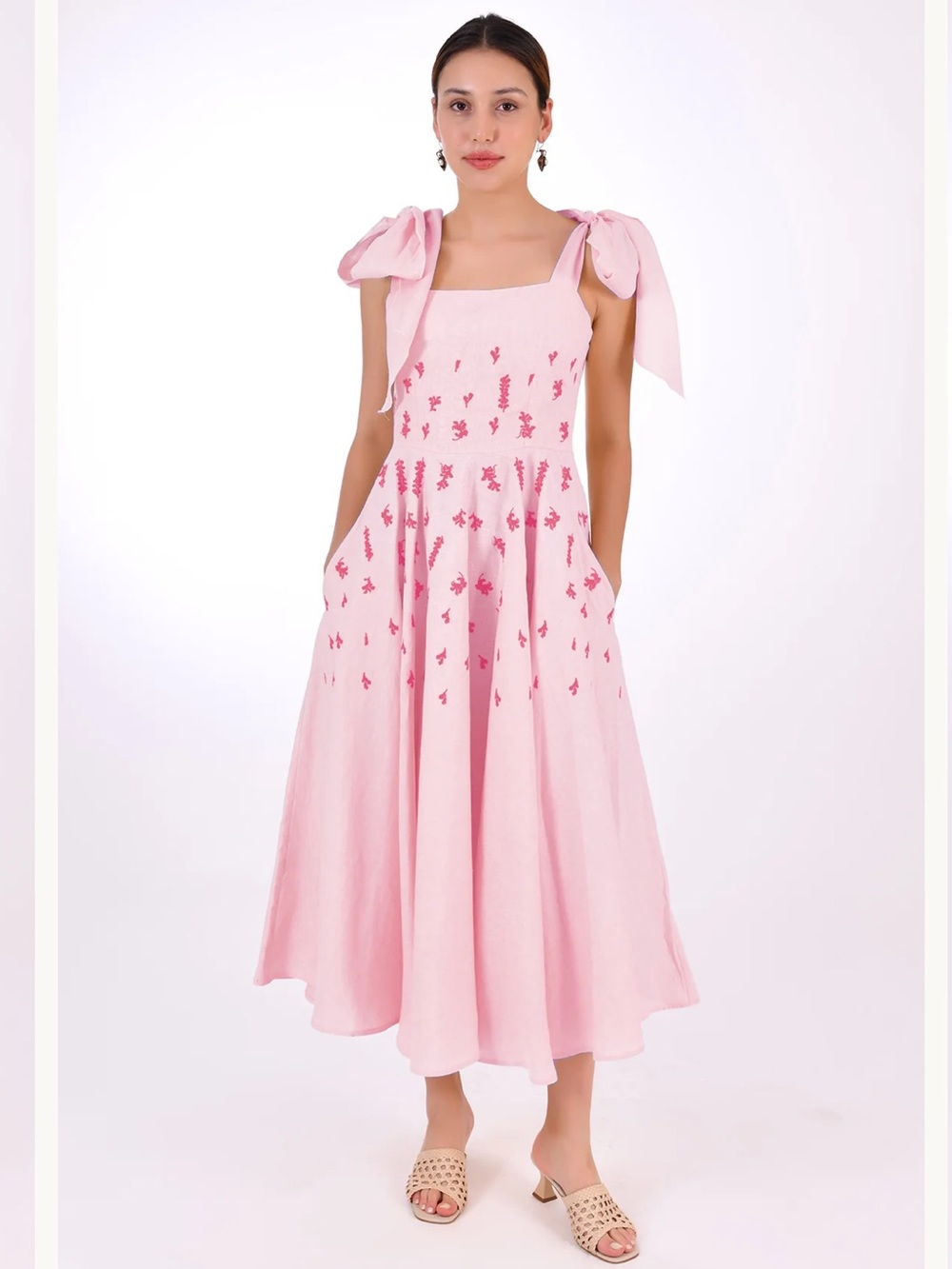 Fanm Mon Mimose Like New Pink Tie-Shoulder Midi Dress with Embroidered Detail.
